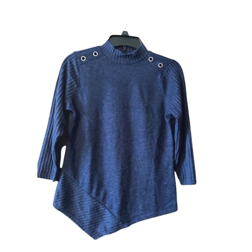 Adrienne Vittadini Navy Mock Neck Asymmetric Sweater Ribbed Sleeves Size S